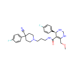 COCC1=C(C(=O)NCCCN2CCC(C#N)(c3ccc(F)cc3)CC2)[C@@H](c2ccc(F)cc2)NCN1 ZINC001772649967