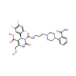 COCC1=C(C(=O)OC)[C@@H](c2cc(F)c(F)cc2F)N(C(=O)NCCCN2CCN(c3ccccc3C(N)=O)CC2)C(=O)N1 ZINC000027546515