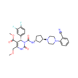 COCC1=C(C(=O)OC)[C@H](c2ccc(F)c(F)c2)N(C(=O)N[C@@H]2CC[C@@H](N3CCN(c4ccccc4C#N)CC3)C2)C(=O)N1 ZINC000029561206