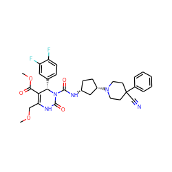 COCC1=C(C(=O)OC)[C@H](c2ccc(F)c(F)c2)N(C(=O)N[C@@H]2CC[C@H](N3CCC(C#N)(c4ccccc4)CC3)C2)C(=O)N1 ZINC000003940202