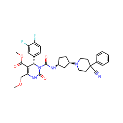 COCC1=C(C(=O)OC)[C@H](c2ccc(F)c(F)c2)N(C(=O)N[C@H]2CC[C@@H](N3CCC(C#N)(c4ccccc4)CC3)C2)C(=O)N1 ZINC000029561980