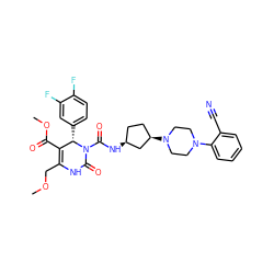 COCC1=C(C(=O)OC)[C@H](c2ccc(F)c(F)c2)N(C(=O)N[C@H]2CC[C@@H](N3CCN(c4ccccc4C#N)CC3)C2)C(=O)N1 ZINC000029560262