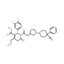 COCC1=C(C(=O)OC)[C@H](c2ccc(F)c(F)c2)N(C(=O)N[C@H]2CC[C@H](N3CCC(C#N)(c4ccccc4)CC3)C2)C(=O)N1 ZINC000029551794