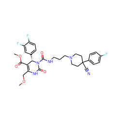 COCC1=C(C(=O)OC)[C@H](c2ccc(F)c(F)c2)N(C(=O)NCCCN2CCC(C#N)(c3ccc(F)cc3)CC2)C(=O)N1 ZINC000003979355