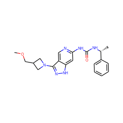 COCC1CN(c2n[nH]c3cc(NC(=O)N[C@H](C)c4ccccc4)ncc23)C1 ZINC000210788653