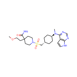 COCCC1(C(N)=O)CCN(S(=O)(=O)C[C@H]2CC[C@H](N(C)c3ncnc4[nH]ccc34)CC2)CC1 ZINC000261119055