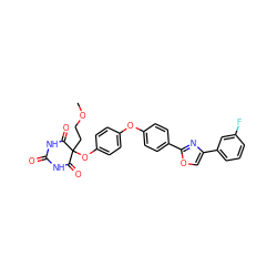 COCCC1(Oc2ccc(Oc3ccc(-c4nc(-c5cccc(F)c5)co4)cc3)cc2)C(=O)NC(=O)NC1=O ZINC000034802391