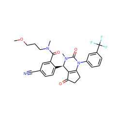 COCCCN(C)C(=O)c1cc(C#N)ccc1[C@@H]1C2=C(CCC2=O)N(c2cccc(C(F)(F)F)c2)C(=O)N1C ZINC001772637523