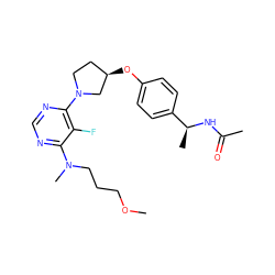 COCCCN(C)c1ncnc(N2CC[C@@H](Oc3ccc([C@H](C)NC(C)=O)cc3)C2)c1F ZINC000261187050