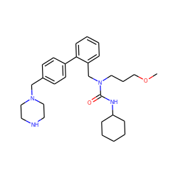 COCCCN(Cc1ccccc1-c1ccc(CN2CCNCC2)cc1)C(=O)NC1CCCCC1 ZINC000040914580