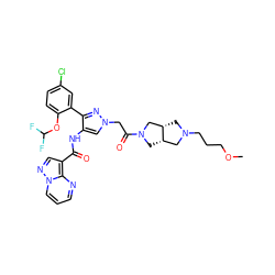 COCCCN1C[C@H]2CN(C(=O)Cn3cc(NC(=O)c4cnn5cccnc45)c(-c4cc(Cl)ccc4OC(F)F)n3)C[C@H]2C1 ZINC001772603373