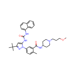 COCCCN1CCC(NC(=O)c2cc(-n3nc(C(C)(C)C)cc3NC(=O)Nc3cccc4ccccc34)ccc2C)CC1 ZINC000064539458