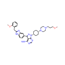 COCCCN1CCN([C@H]2CC[C@@H](n3nc(-c4ccc5[nH]c(Cc6ccccc6OC)nc5c4)c4c(N)ncnc43)CC2)CC1 ZINC000149185883