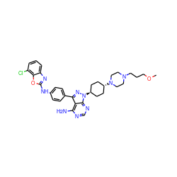 COCCCN1CCN([C@H]2CC[C@H](n3nc(-c4ccc(Nc5nc6cccc(Cl)c6o5)cc4)c4c(N)ncnc43)CC2)CC1 ZINC000101367537