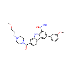 COCCCN1CCN(C(=O)c2ccc3c(c2)[nH]c2c(C(N)=O)cc(-c4cccc(OC)c4)cc23)CC1 ZINC000068244845