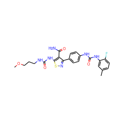 COCCCNC(=O)Nc1snc(-c2ccc(NC(=O)Nc3cc(C)ccc3F)cc2)c1C(N)=O ZINC000145693364