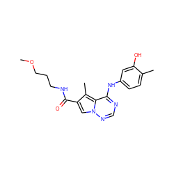 COCCCNC(=O)c1cn2ncnc(Nc3ccc(C)c(O)c3)c2c1C ZINC000028330445