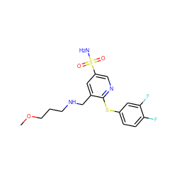 COCCCNCc1cc(S(N)(=O)=O)cnc1Sc1ccc(F)c(F)c1 ZINC000049112323