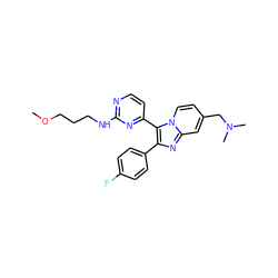 COCCCNc1nccc(-c2c(-c3ccc(F)cc3)nc3cc(CN(C)C)ccn23)n1 ZINC000028963534