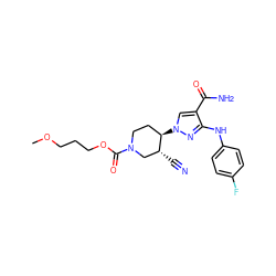 COCCCOC(=O)N1CC[C@@H](n2cc(C(N)=O)c(Nc3ccc(F)cc3)n2)[C@H](C#N)C1 ZINC000205063778