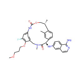 COCCCOc1c(F)cc2cc1CN(C)C(=O)[C@H](Nc1ccc3c(N)nccc3c1)c1ccc(c(C)c1)[C@@H](C)COC(=O)N2 ZINC001772630992