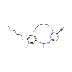 COCCCOc1cc2c(cc1Cl)NC(=O)Nc1cnc(C#N)c(n1)OCCCCO2 ZINC000028963279