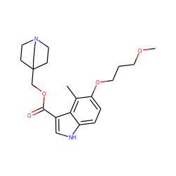 COCCCOc1ccc2[nH]cc(C(=O)OCC34CCN(CC3)CC4)c2c1C ZINC001772605842