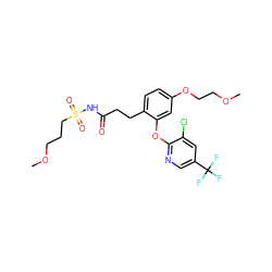 COCCCS(=O)(=O)NC(=O)CCc1ccc(OCCOC)cc1Oc1ncc(C(F)(F)F)cc1Cl ZINC000084615126