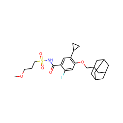 COCCCS(=O)(=O)NC(=O)c1cc(C2CC2)c(OCC23CC4CC(CC(C4)C2)C3)cc1F ZINC000225228726
