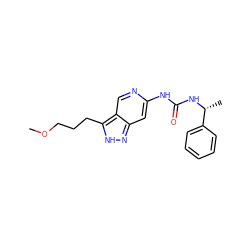 COCCCc1[nH]nc2cc(NC(=O)N[C@H](C)c3ccccc3)ncc12 ZINC000205440350