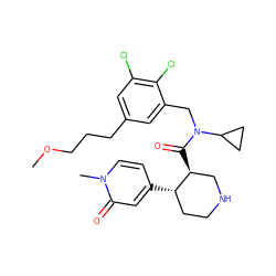 COCCCc1cc(Cl)c(Cl)c(CN(C(=O)[C@H]2CNCC[C@@H]2c2ccn(C)c(=O)c2)C2CC2)c1 ZINC000072175013