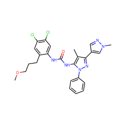 COCCCc1cc(Cl)c(Cl)cc1NC(=O)Nc1c(C)c(-c2cnn(C)c2)nn1-c1ccccc1 ZINC000219534640