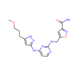 COCCCc1cc(Nc2ccnc(NCc3cc(C(N)=O)no3)n2)n[nH]1 ZINC000084688583