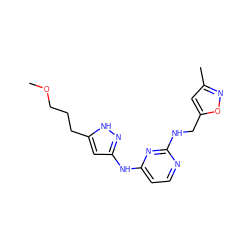 COCCCc1cc(Nc2ccnc(NCc3cc(C)no3)n2)n[nH]1 ZINC000084741826