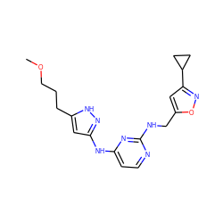 COCCCc1cc(Nc2ccnc(NCc3cc(C4CC4)no3)n2)n[nH]1 ZINC000084733956