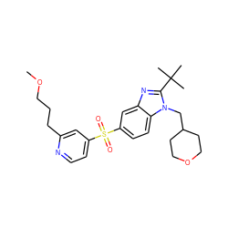 COCCCc1cc(S(=O)(=O)c2ccc3c(c2)nc(C(C)(C)C)n3CC2CCOCC2)ccn1 ZINC000073389299