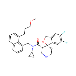 COCCCc1cccc2cccc(CN(C(=O)[C@H]3CNCC[C@@]34OCc3cc(F)c(F)cc34)C3CC3)c12 ZINC000073195741