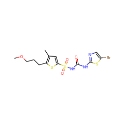 COCCCc1sc(S(=O)(=O)NC(=O)Nc2ncc(Br)s2)cc1C ZINC000045336330