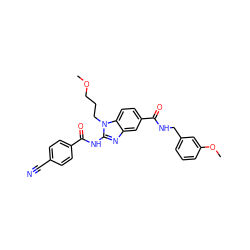 COCCCn1c(NC(=O)c2ccc(C#N)cc2)nc2cc(C(=O)NCc3cccc(OC)c3)ccc21 ZINC000064513073