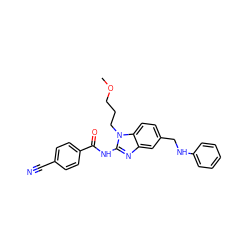 COCCCn1c(NC(=O)c2ccc(C#N)cc2)nc2cc(CNc3ccccc3)ccc21 ZINC000042888162