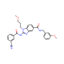 COCCCn1c(NC(=O)c2cccc(C#N)c2)nc2cc(C(=O)NCc3cccc(OC)c3)ccc21 ZINC000064527017