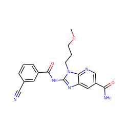 COCCCn1c(NC(=O)c2cccc(C#N)c2)nc2cc(C(N)=O)cnc21 ZINC000064527684