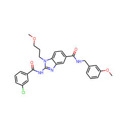 COCCCn1c(NC(=O)c2cccc(Cl)c2)nc2cc(C(=O)NCc3cccc(OC)c3)ccc21 ZINC000064512777