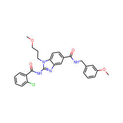 COCCCn1c(NC(=O)c2ccccc2Cl)nc2cc(C(=O)NCc3cccc(OC)c3)ccc21 ZINC000043177040