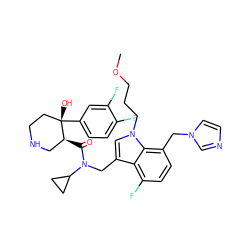 COCCCn1cc(CN(C(=O)[C@H]2CNCC[C@]2(O)c2ccc(F)c(F)c2)C2CC2)c2c(F)ccc(Cn3ccnc3)c21 ZINC000073139915