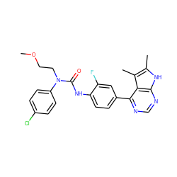 COCCN(C(=O)Nc1ccc(-c2ncnc3[nH]c(C)c(C)c23)cc1F)c1ccc(Cl)cc1 ZINC000299865764