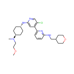 COCCN(C)[C@H]1CC[C@H](Nc2cc(-c3cccc(NCC4CCOCC4)n3)c(Cl)cn2)CC1 ZINC000261179368