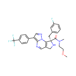 COCCN(C)C(=O)[C@@]1(Cc2cccc(F)c2)NCc2cnc3c(-c4ccc(C(F)(F)F)cc4)cnn3c21 ZINC000299837001