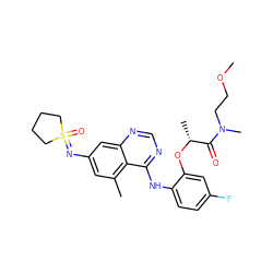 COCCN(C)C(=O)[C@@H](C)Oc1cc(F)ccc1Nc1ncnc2cc(N=S3(=O)CCCC3)cc(C)c12 ZINC001772638399