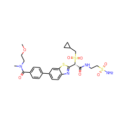 COCCN(C)C(=O)c1ccc(-c2ccc3nc([C@@H](C(=O)NCCS(N)(=O)=O)S(=O)(=O)CC4CC4)sc3c2)cc1 ZINC000144048255